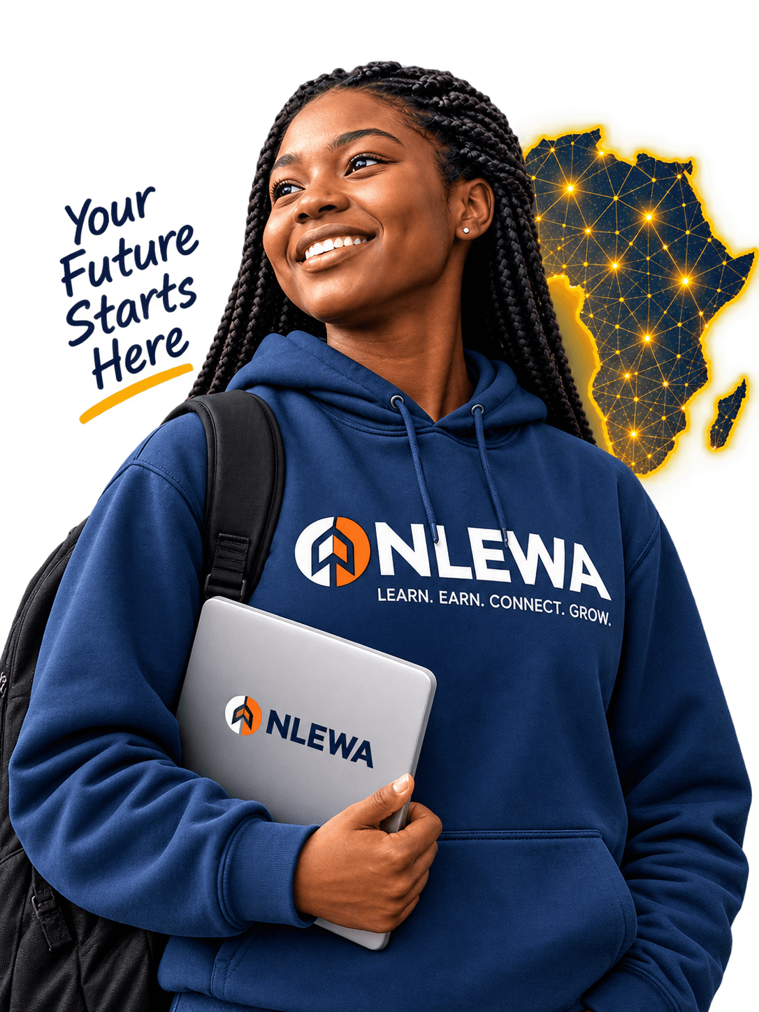 ONLEWA learner with a laptop and backpack, in front of a glowing map of Africa, with the caption 'Your Future Starts Here'